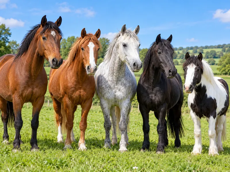 Five horses in a row: bay, chestnut, grey, black and skewbald