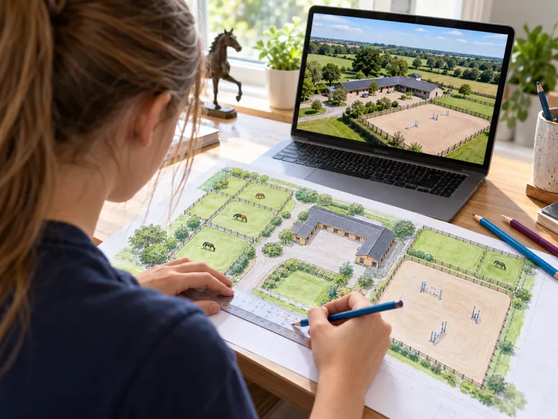 A young person drawing a yard plan with paddocks, stables and an arena