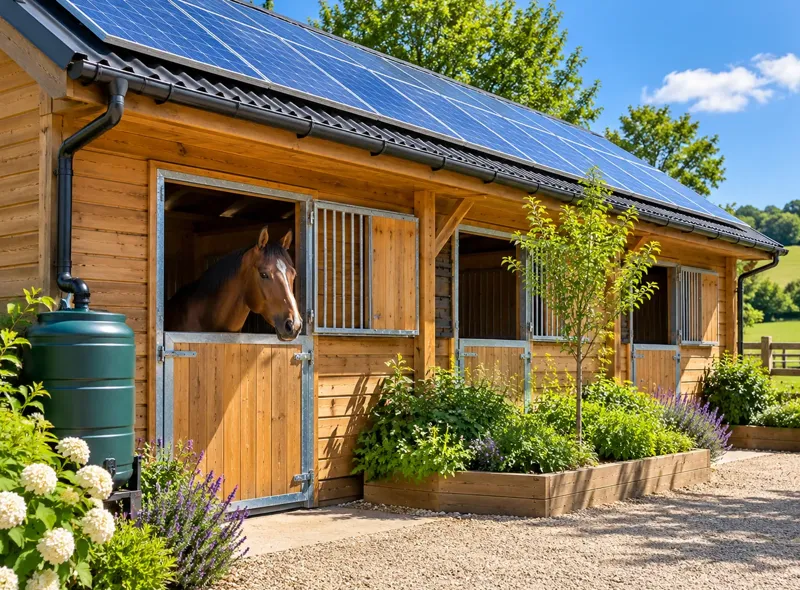 A timber stable block with solar panels, a rainwater butt and planted beds