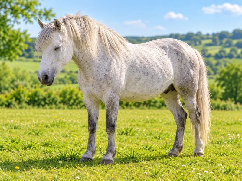 A grey pony dozing peacefully in a sunny field