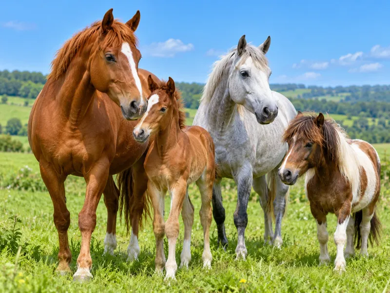 A small herd standing together in a field: a chestnut mare and foal, a grey horse and a skewbald pony