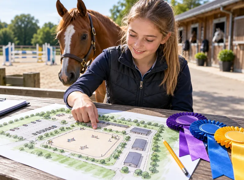 A teenager pointing at a horse show ground plan with rosettes beside it