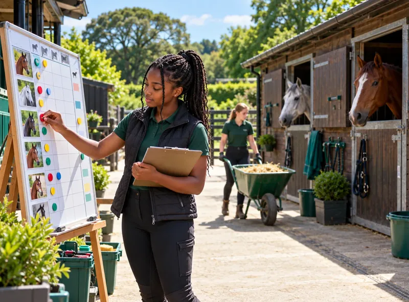 A young yard manager updating a horse planner board beside a row of stables