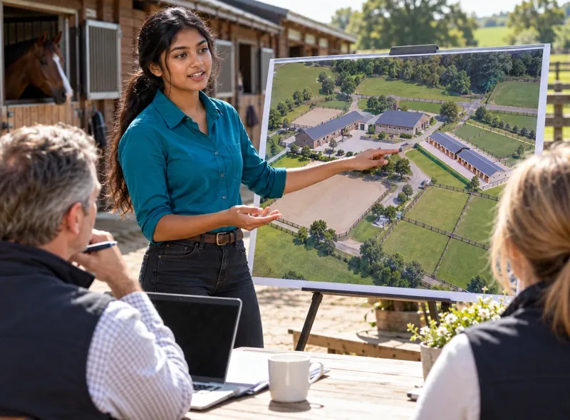 A young woman presenting an aerial plan of a yard expansion to two investors