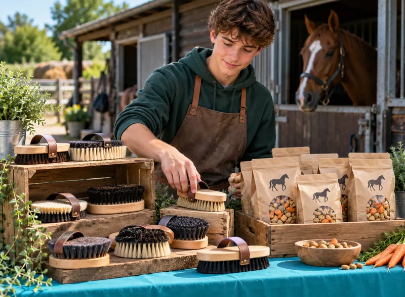 A teenager arranging hand-made grooming brushes and bags of horse treats on a stall