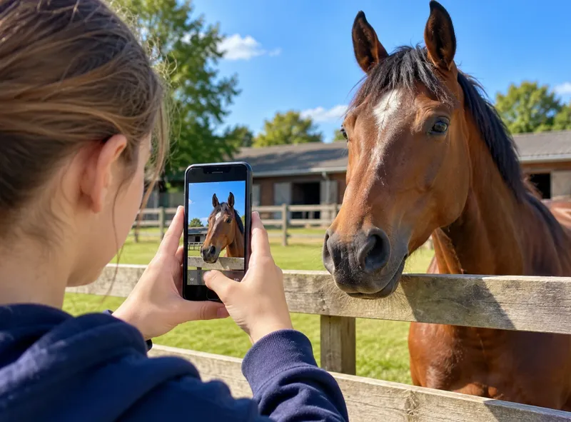 A young person photographing a bay horse over a fence with a phone