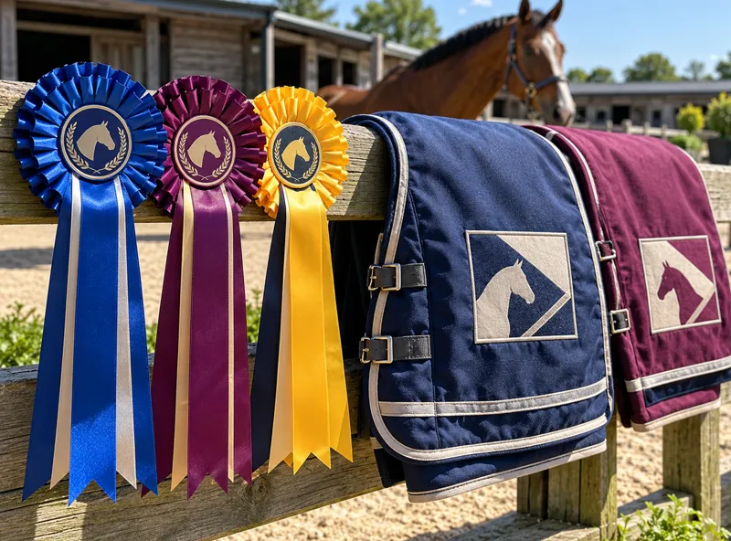 Rosettes and branded horse rugs hanging on a yard fence