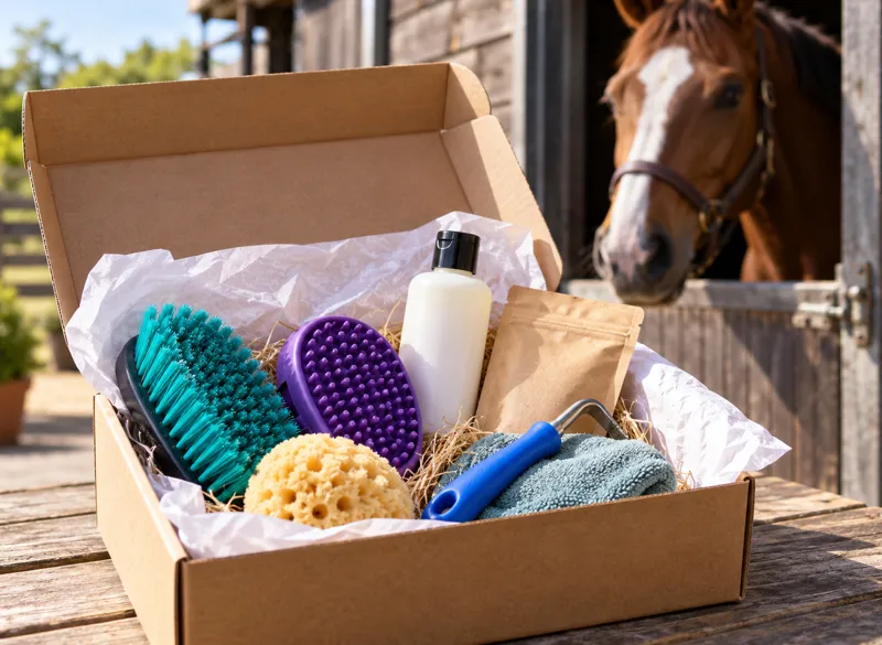 An open box of grooming brushes, shampoo and treats in front of a stable