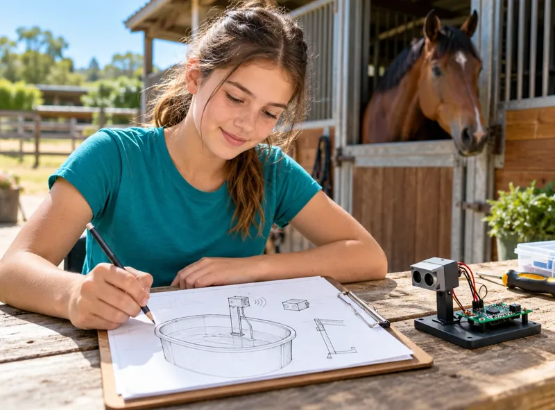 A teenager sketching a water trough sensor beside a prototype at a stable
