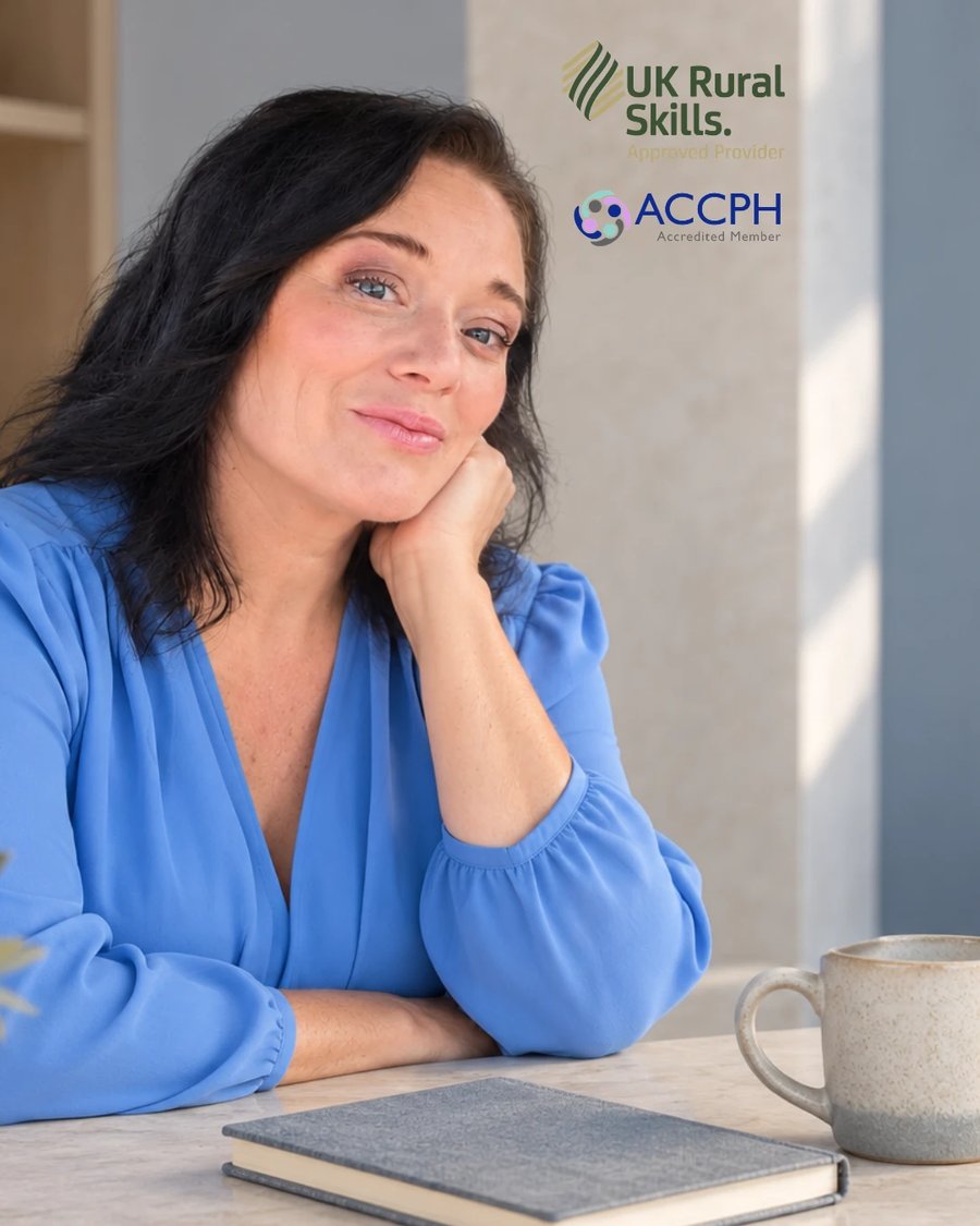 Stacy Harris-Wann, founder of Equine Minds, at a table with a notebook and mug, beside the UK Rural Skills Approved Provider and ACCPH Accredited Member logos