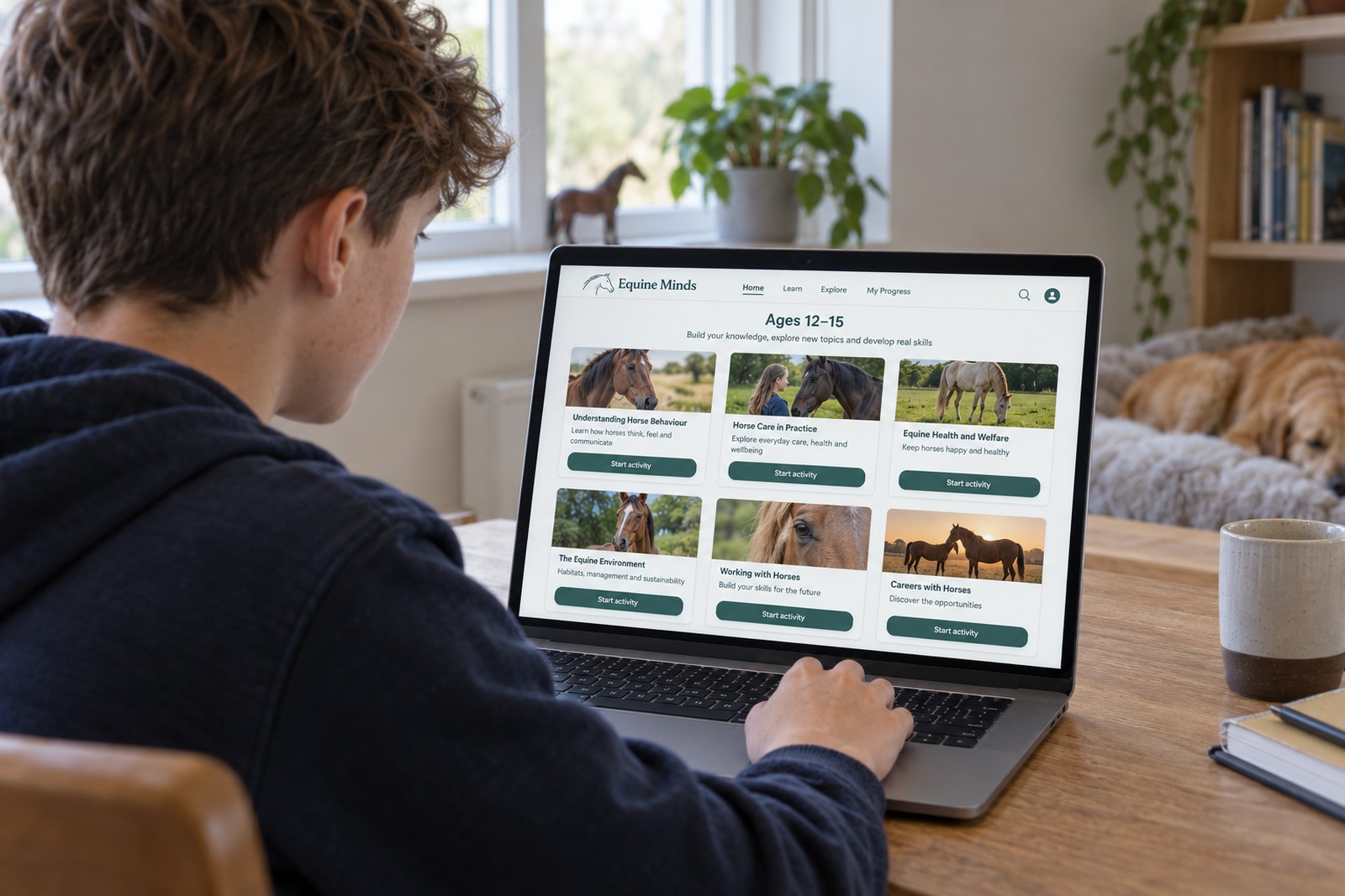 A teenager at a laptop showing an Equine Minds course list for ages 12 to 15