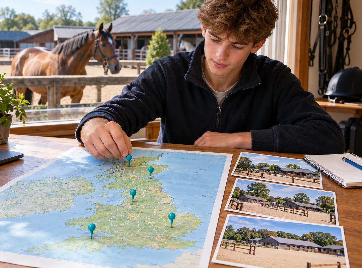 A teenager placing pins on a map of the UK, with photos of riding schools beside the map and a horse in the yard outside