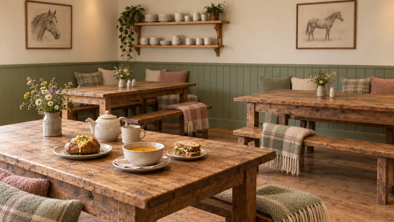 Design concept of a farmhouse kitchen with long rustic tables and benches, plaid cushions and blankets, and a jacket potato, soup, a sandwich and a pot of tea on the table