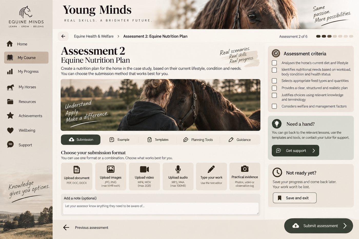 A submission screen showing document, image, video, audio and typed evidence options