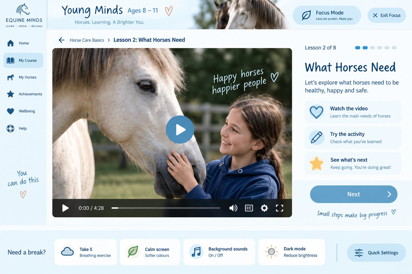 The ages 8 to 11 lesson screen, What Horses Need, with a video of a girl and a pony beside short lesson steps.