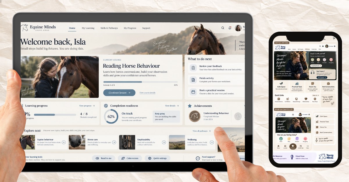 A tablet showing the ages 16 to 17 dashboard, reading Welcome back, Isla, with the current course Reading Horse Behaviour at lesson 4 of 8, panels for learning progress, completion readiness and achievements, and an Explore next row including Employability, beside a phone showing the 16 to 17 wellbeing hub with Calm Space, Practical Tools, Future You and Real Conversations