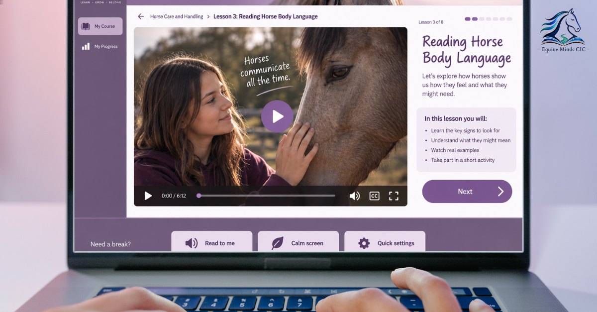 A laptop showing the ages 12 to 15 lesson screen, Lesson 3 of 8, Reading Horse Body Language, with a video, a list of what the lesson covers, a Next button and a bottom bar reading Read to me, Calm screen and Quick settings