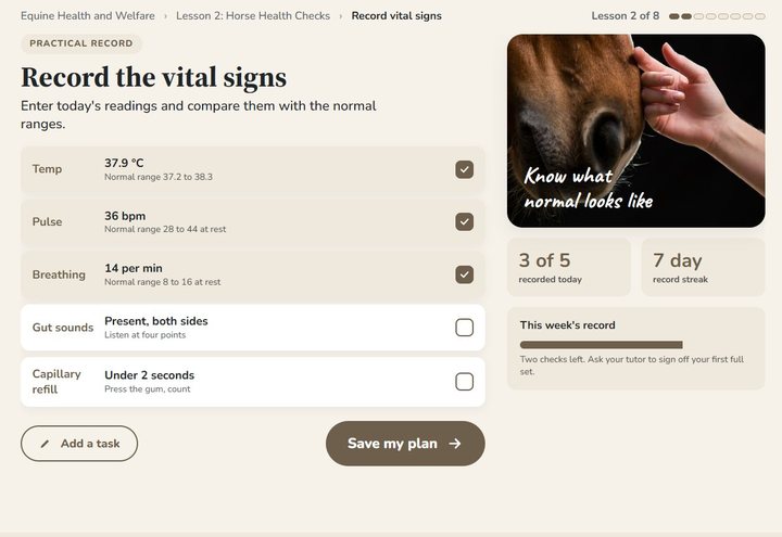 Ages 16 to 17 record screen: vital signs