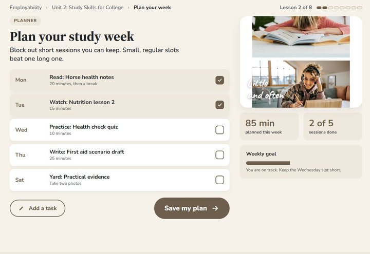 Ages 16 to 17 planner screen: plan your study week