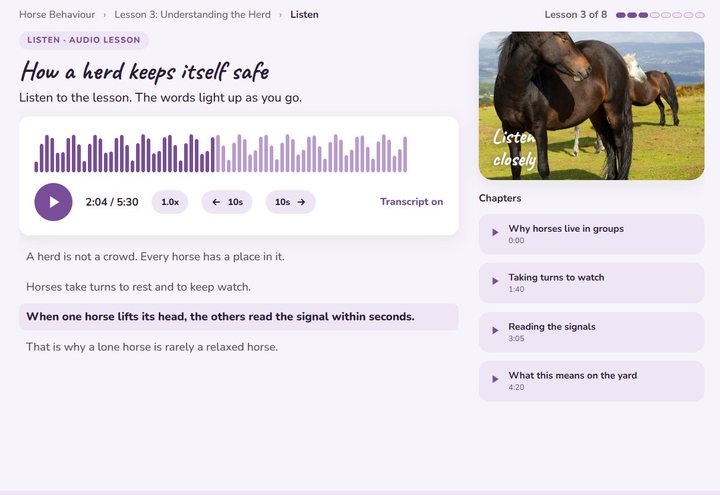 The Listen format: an audio lesson for ages 12 to 15 on how a herd keeps itself safe, with a transcript that lights up as it plays