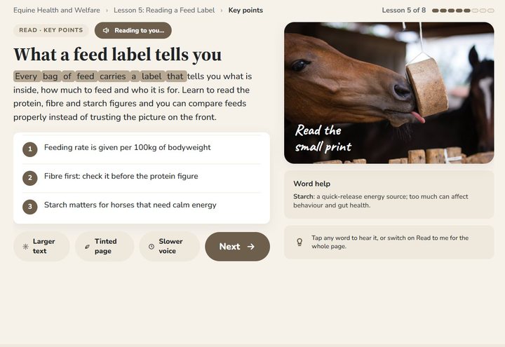The Read format: a key points page for ages 16 to 17 on reading a feed label, with Read to me switched on and the words highlighted as they are spoken