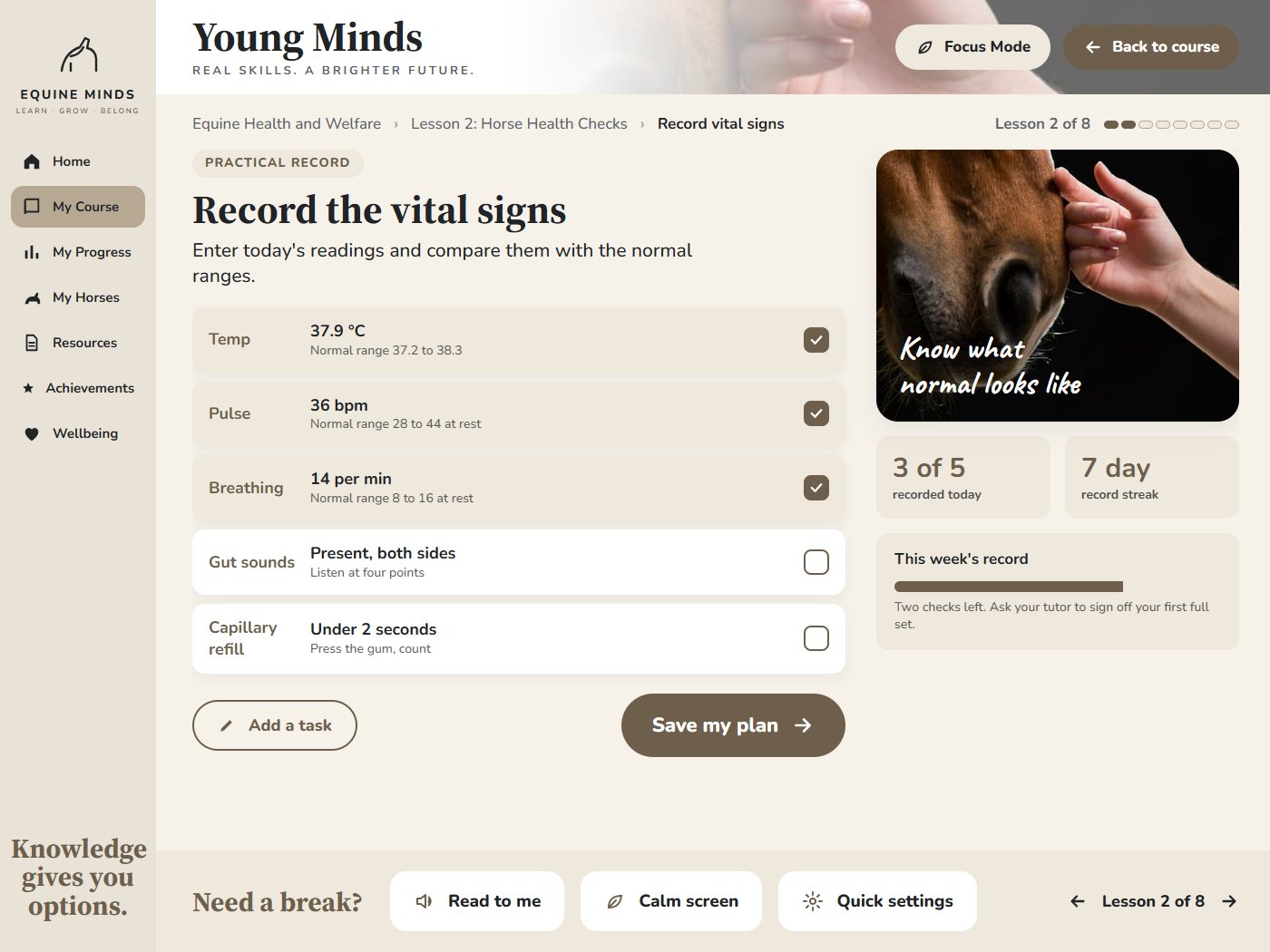 The ages 16 to 17 practical record screen: vital signs with normal ranges and a weekly record