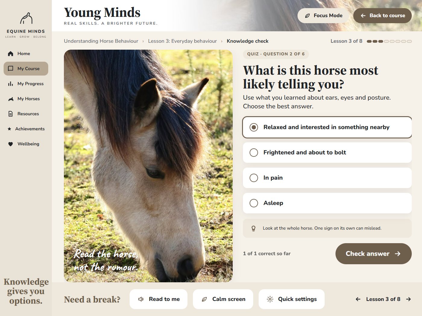 The ages 16 to 17 knowledge check screen for Understanding Horse Behaviour: a horse photograph beside a multiple choice question about what the horse is most likely telling you